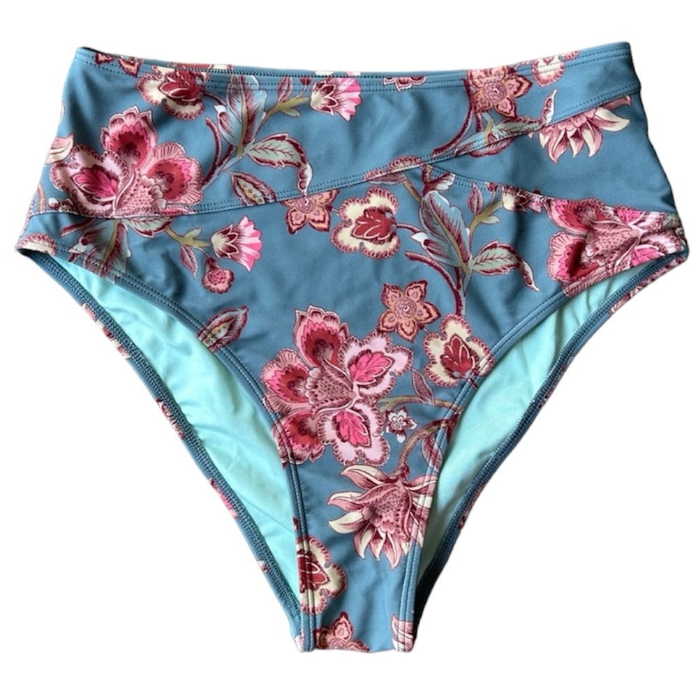 Cupshe Women’s High Waisted Slate Blue With Floral Print Bikini Bottom Small